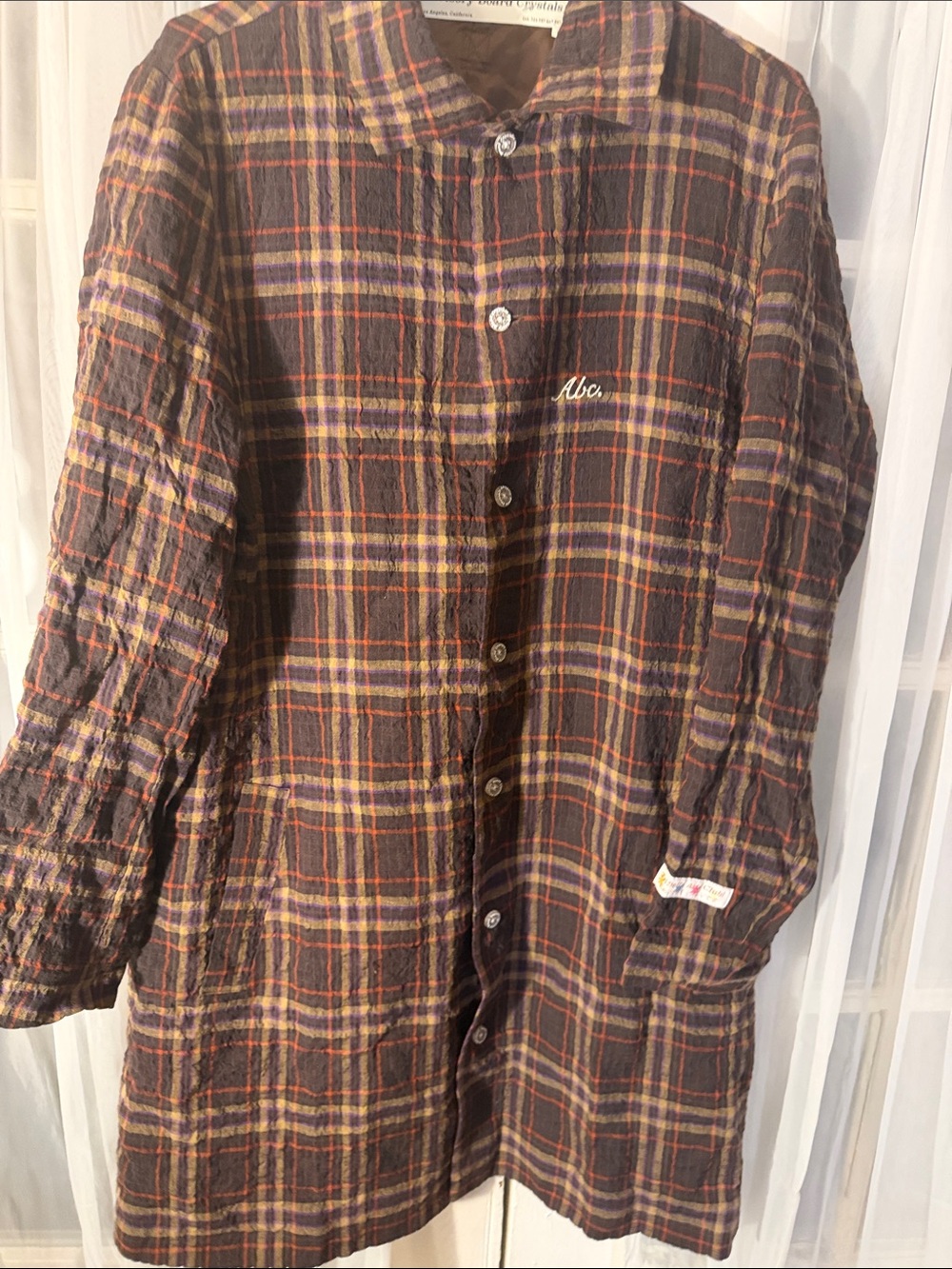 Advisory Board Crystals ABC Plaid Long Coat Jacket Men’s Large Linen Blend - Picture 4 of 12